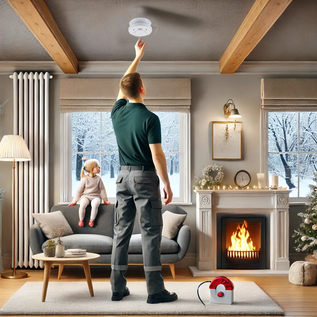 A cozy interior living room in winter, featuring a family-friendly environment. A technician wearing a dark green polo shirt is inspecting a smoke det