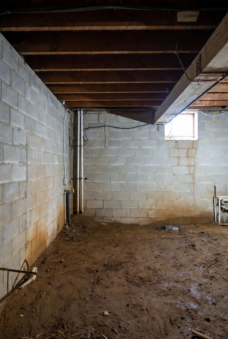 Raw dirt floor basement with concrete block walls and exposed joists before HandyForce basement renovation in Leaside Toronto