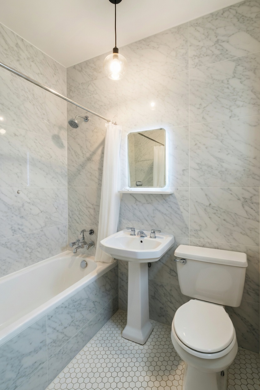 Bright marble-tiled bathroom with hexagonal floor tile and backlit mirror after HandyForce renovation