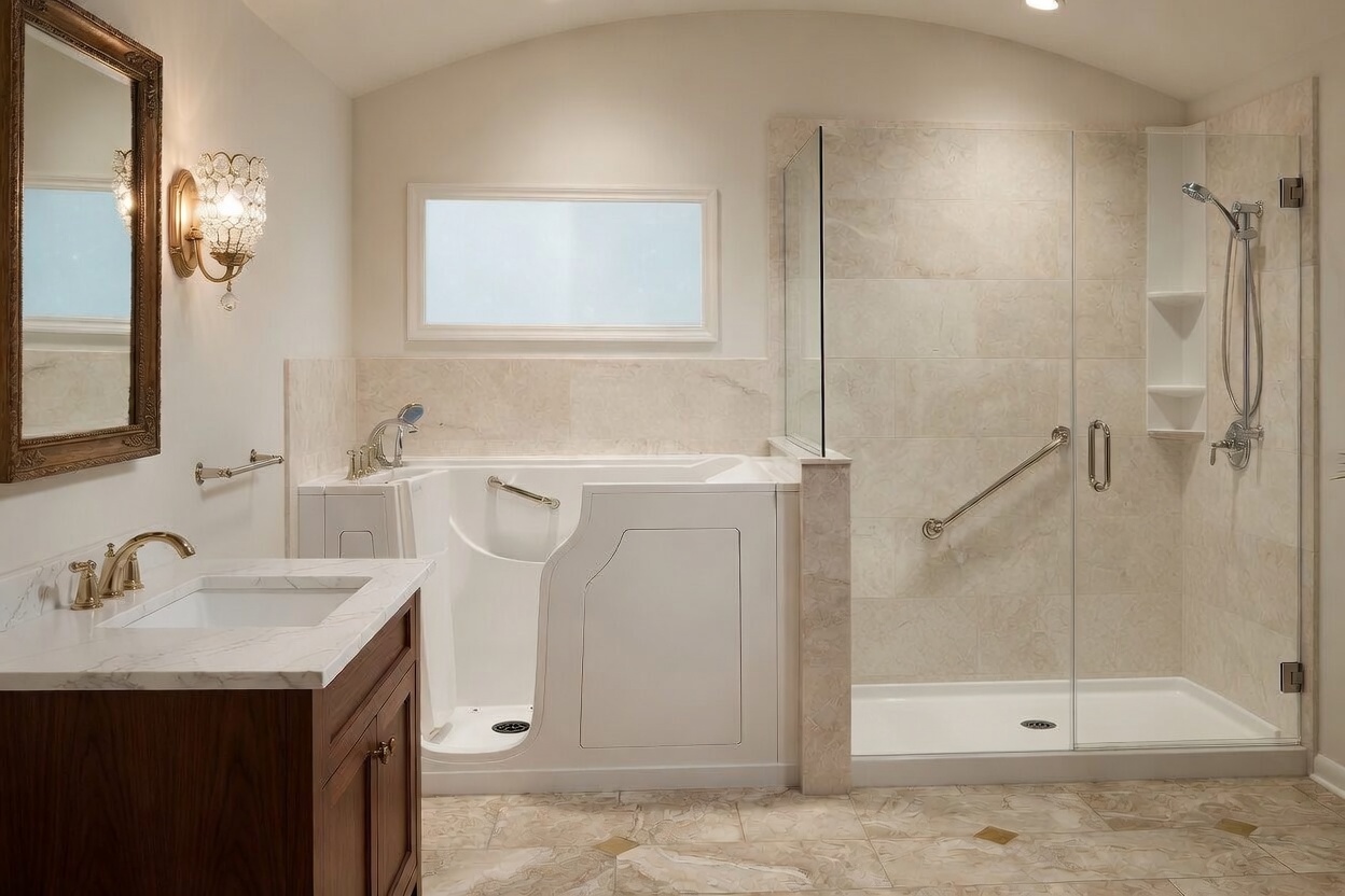 Walk-in tub and barrier-free shower with grab bars - accessible bathroom renovation by The HandyForce in Bayview Village Toronto