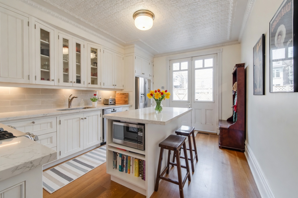 Bright modern white kitchen with kitchen island and fresh spring touches after a smart home refresh in Cabbagetown by The HandyForce