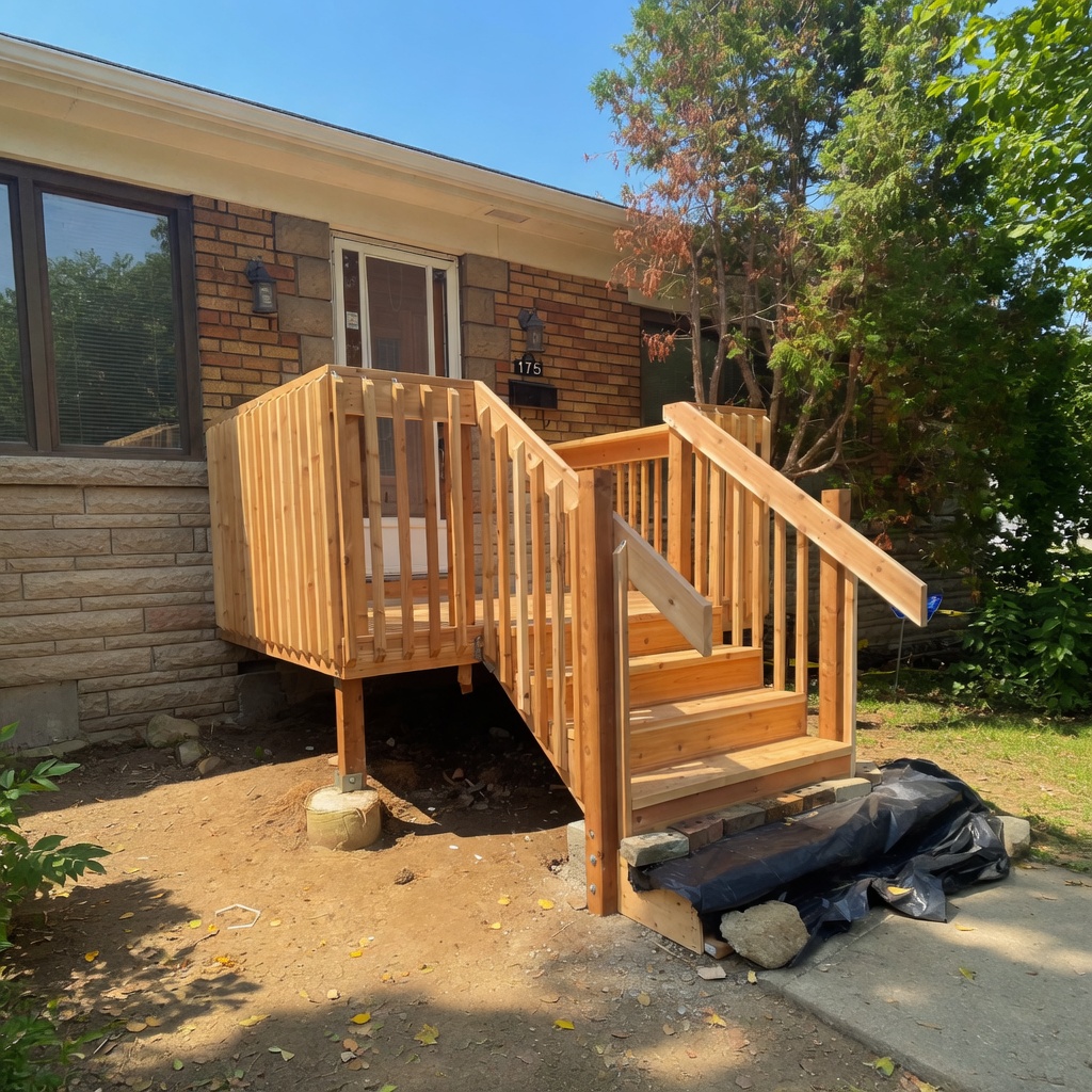 New wooden front porch and rebuilt porch steps in Toronto by The HandyForce
