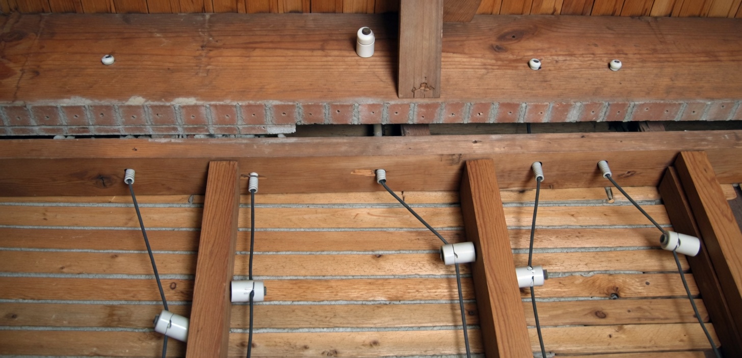 Original knob-and-tube wiring in the floor joists of an older Toronto home — replaced by The HandyForce