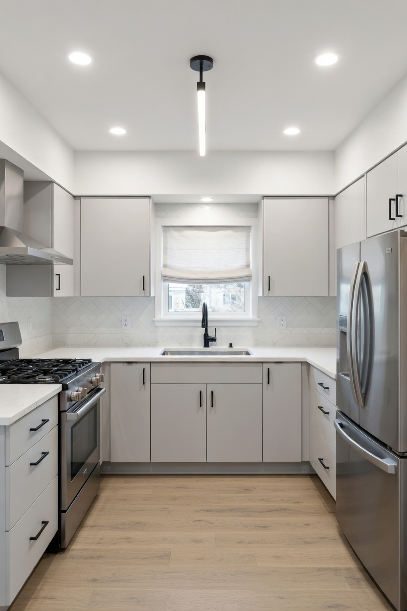 Bright modern kitchen renovation with grey shaker cabinets, white quartz countertops, black hardware and hardwood floors by The HandyForce