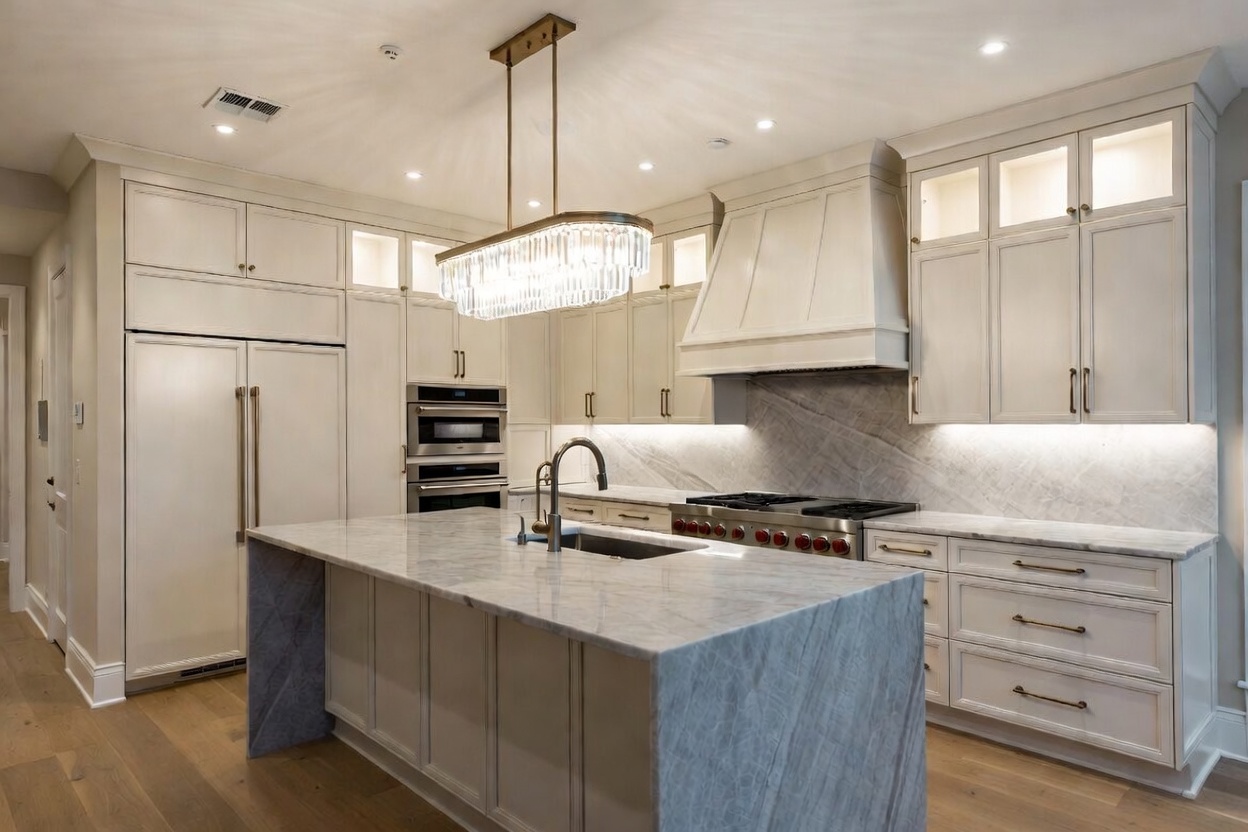 Modern grey shaker cabinet kitchen renovation with quartz counters and herringbone tile backsplash by The HandyForce in North York