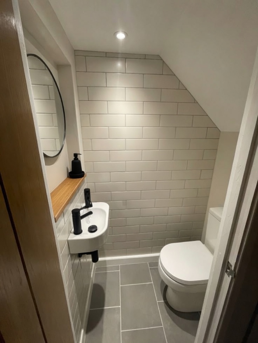 Custom powder room conversion under main staircase by The HandyForce in Toronto - compact toilet and pedestal sink installation