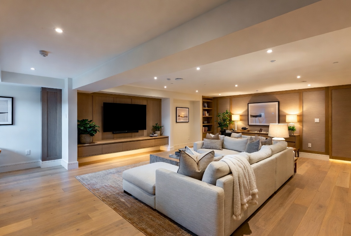Bright finished basement family room with pot lights, grey walls and vinyl plank flooring by The HandyForce in North York Toronto