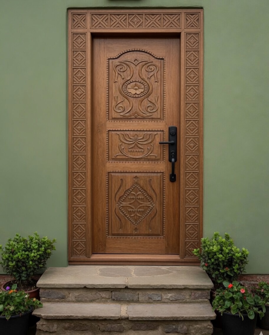 Hand-carved solid wood entry door with ornate surround installed by The HandyForce in Rosedale Toronto